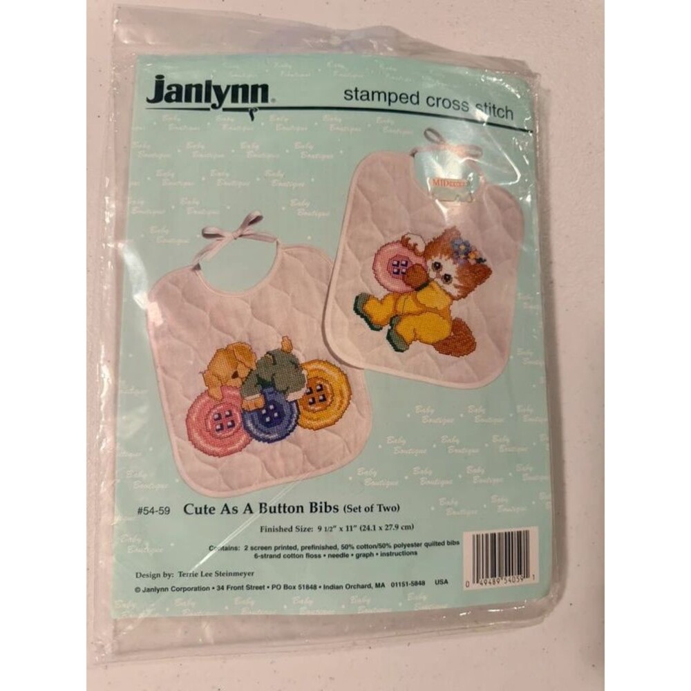 Janlynn Cute As A Button Bibs- Stamped Cross Stitch- Baby Bib Kits- NWT